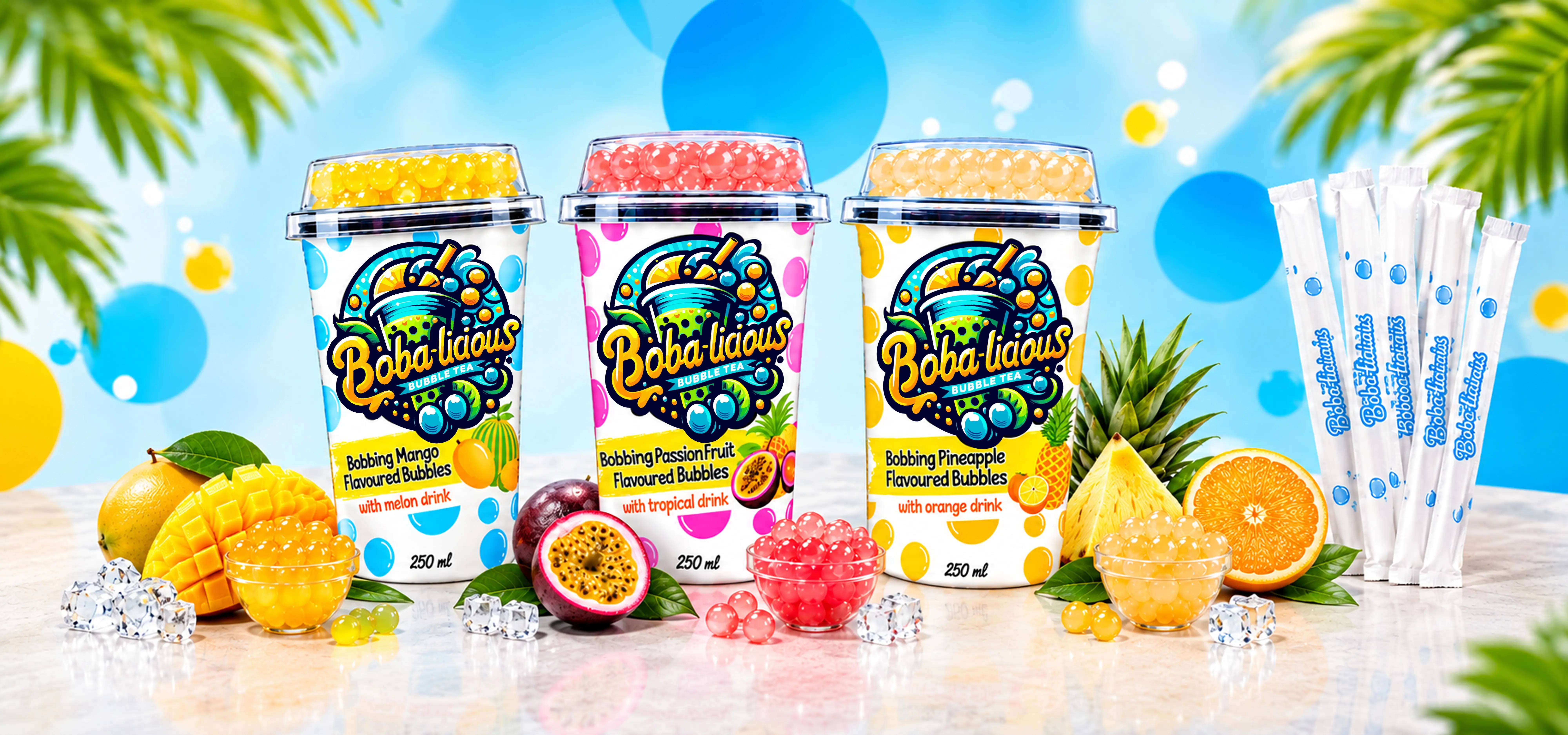 Bobalicious Bubble Tea cups surrounded by fresh tropical fruits and floating popping boba pearls